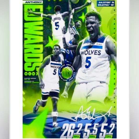 NEW! ANTHONY EDWARDS MINNESOTA COLOR ART SELF-CREATED ULTRA GLOSSY 8.5x11 POSTER - Picture 2 of 4